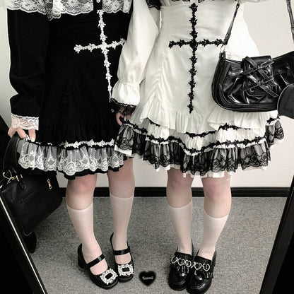 Skirt Rose Cross Landmine White/Black/Pink Embroidery Jirai Hem High Style Kei Lace Waist