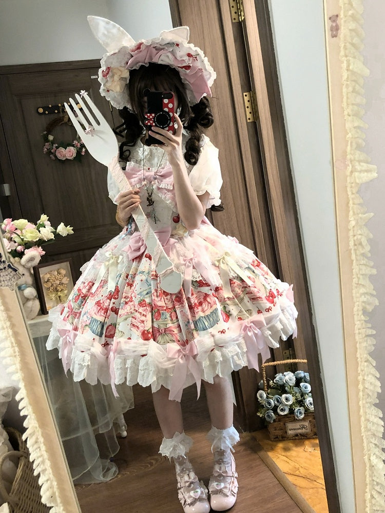 Erdbeerkuchenkleid Süße Printmode mit Schleife Hase Weiße Akzente Lolita und