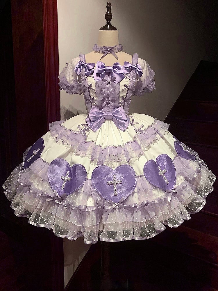 Robe Lolita Old School blanche et violette avec appliques en cœur, robe duveteuse pour la Saint-Valentin