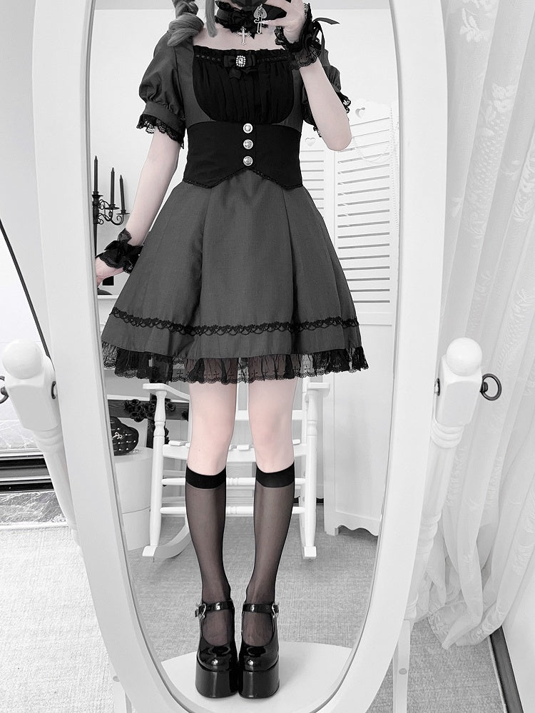 Korsett-Gürtel-Design-Puff-Set – Besatzärmel Kei und Kleid Grau Vollschwarze Spitze Jirai