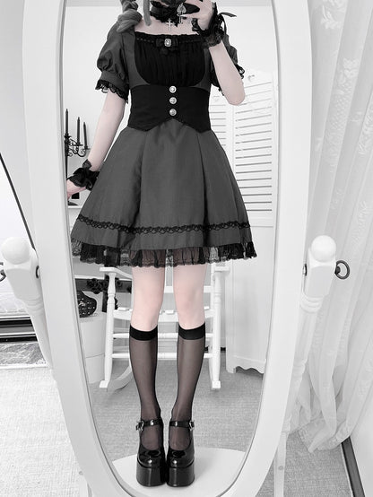 Korsett-Gürtel-Design-Puff-Set – Besatzärmel Kei und Kleid Grau Vollschwarze Spitze Jirai