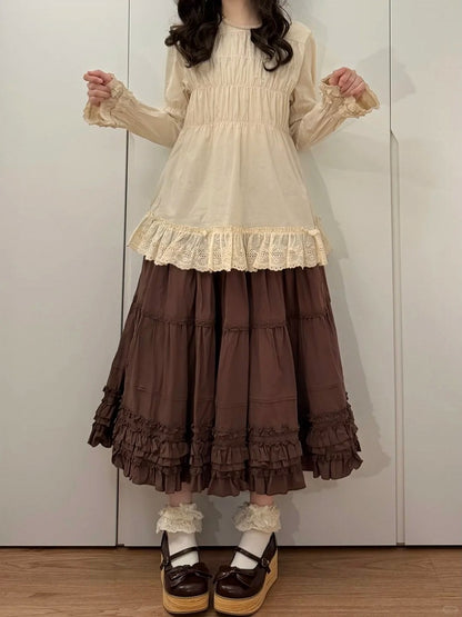 Cotton Multi-Layer Brown Hem Lolita Loose Elegant Skirt Ruffled