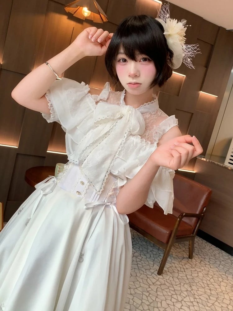 Landmine White Lace Cutout Short Sleeve Blouse with Bow Detail - YoshiKi