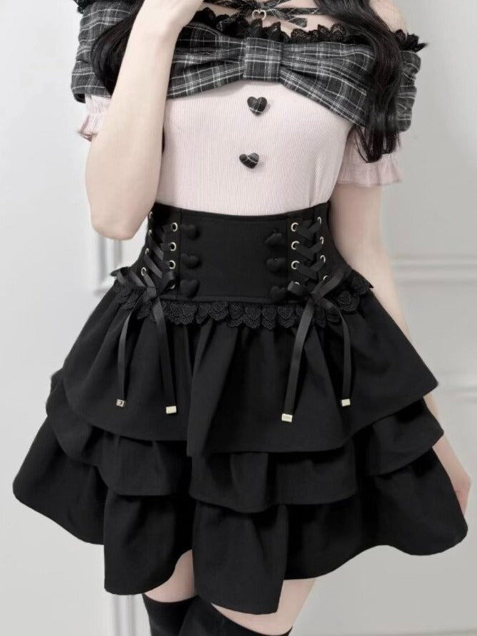 Jirai Kei Black Three-Tiered Elevated Waist Skirt - nekura