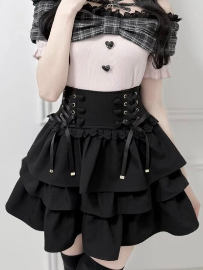 Jirai Kei Black Three-Tiered Elevated Waist Skirt - nekura