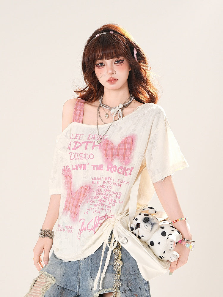 アシンメトリーネックライン、バタフライアップリケ、アプリコットカラー、スイートTシャツ、ダメージ加工、穴あき