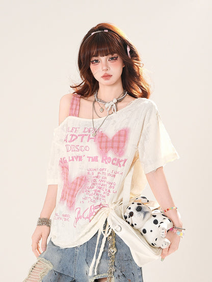 アシンメトリーネックライン、バタフライアップリケ、アプリコットカラー、スイートTシャツ、ダメージ加工、穴あき