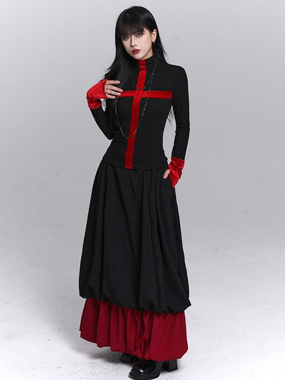 Neck Long Gothic Design Mock Cross with Sleeves Top Cuffs Black Thumbhole Red