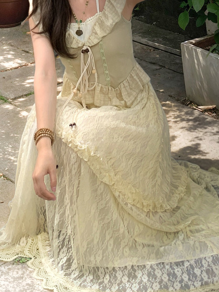 アプリコット ゴムウエスト アシンメトリー レーススカート