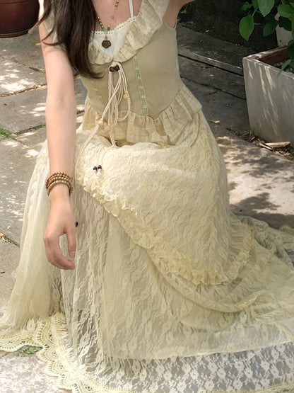 アプリコット ゴムウエスト アシンメトリー レーススカート