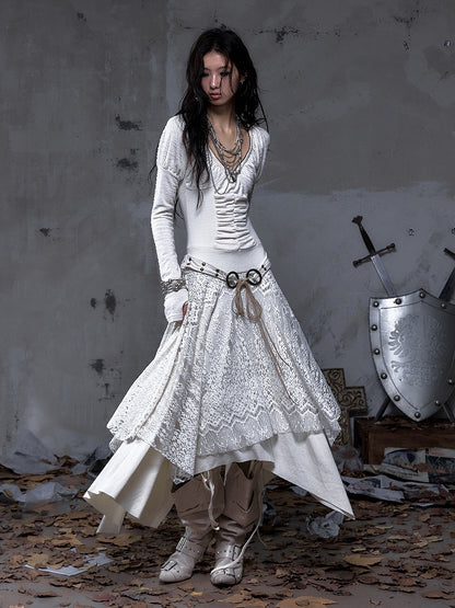 Punk Beige Juliette Sleeves Knit with Studded Dress Handkerchief Tiered Waist Hem