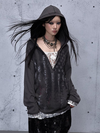 Hooded V-Neck Gray Dark with Loose Top Version Two-piece