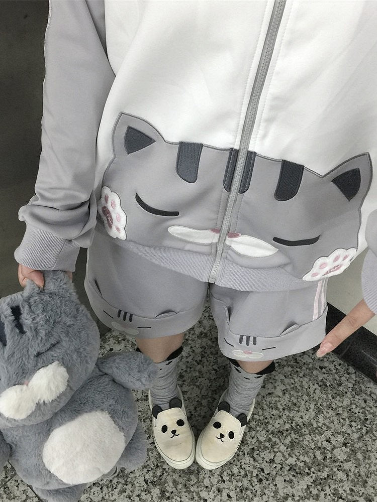 Elastic Shorts Gray Daily Waist Design Kawaii Cat with