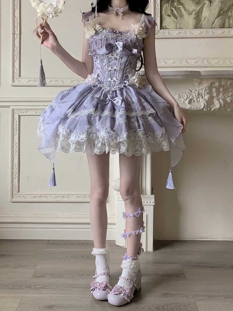 Version with Corset Purple Top Floral Frog Skirt Buttons Lolita Jasmine-Embellished Print Short +
