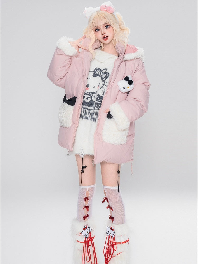 Rosa/schwarze Pufferjacke mit Kapuze und Plüschbündchen mit Kätzchen-Verzierung