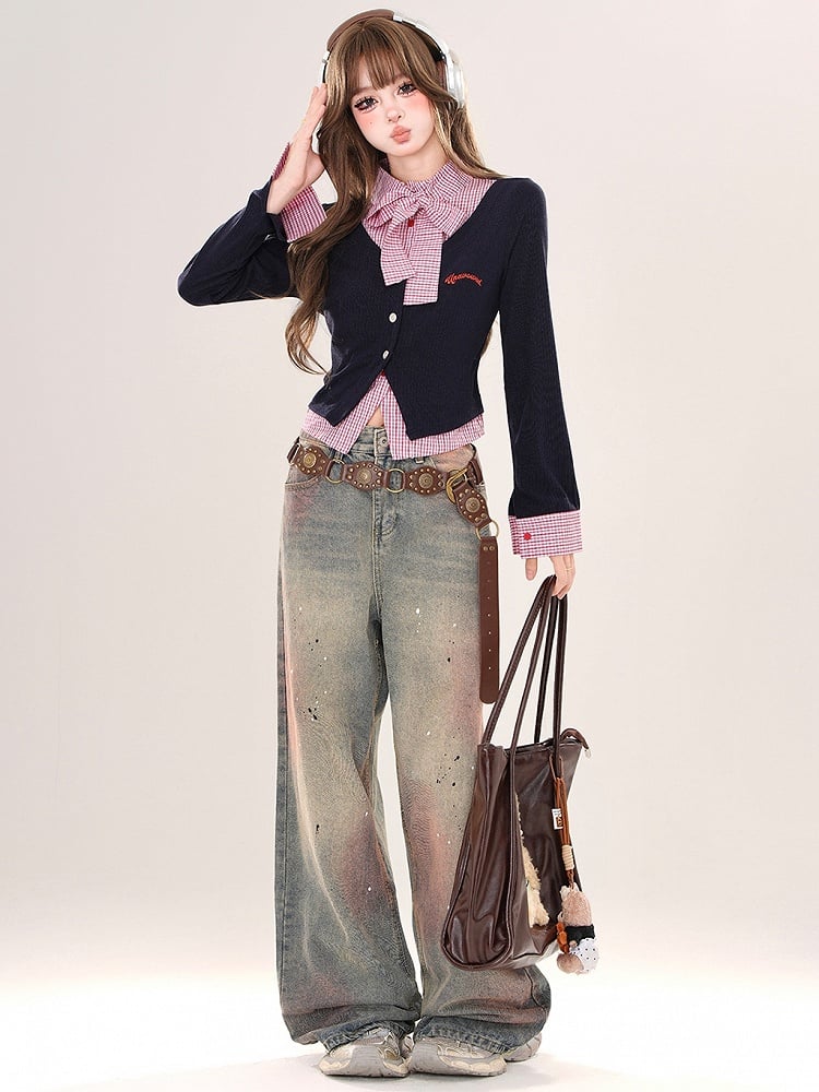 Grey/Navy Blue Plaid Patchwork Faux Two-piece Cardigan