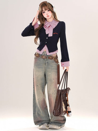 Grey/Navy Blue Plaid Patchwork Faux Two-piece Cardigan