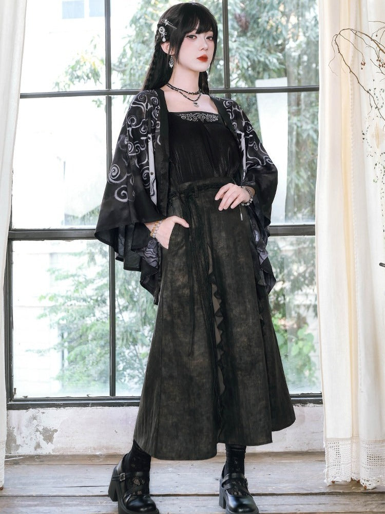 Ink Wash Print Chinese Gothic Black Midi Skirt with Ruffle - Quirky Hut