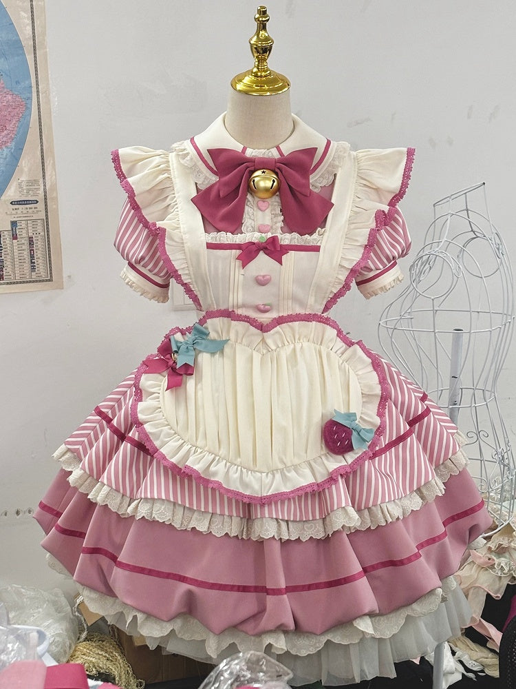 Strawberry Theme Sweet Lolita OP with Apron, Sakura Pink Striped Pattern - Sakurahime