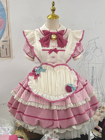 Strawberry Theme Sweet Lolita OP with Apron, Sakura Pink Striped Pattern - Sakurahime