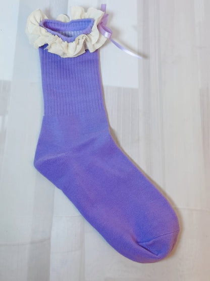 Black Sweet Bowknot Ruffled Cuff Calf Socks