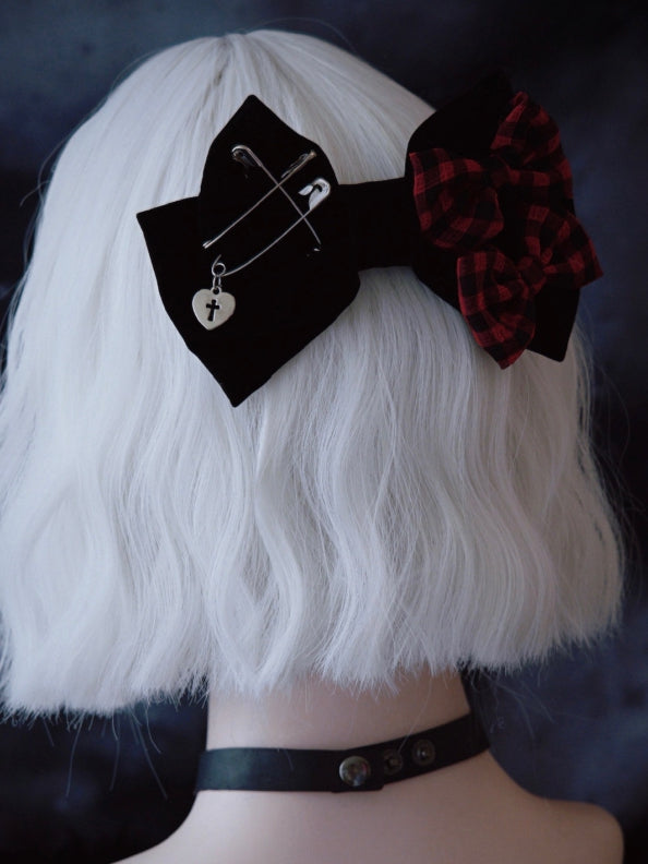 Bowknot Clip Plaid Red And Bowknots Black Pins Double Details With Pattern