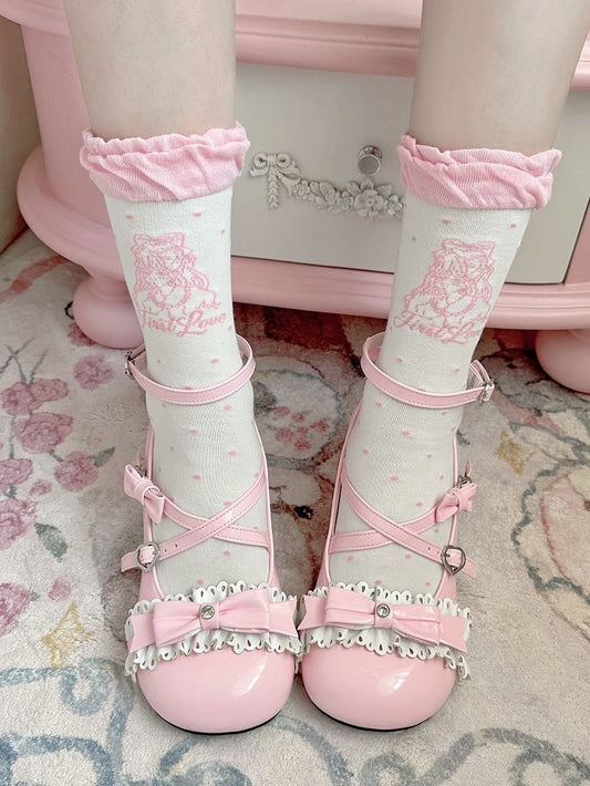 Socks Calf Girl Lolita Pattern Black/Pink Polka-dot Anime