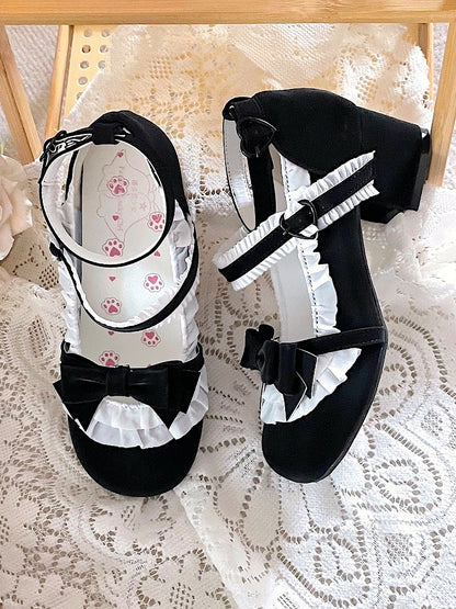 Detachable Janes Mary Black and Bow Sweet Heart-shaped with Accents Lolita Snap PU