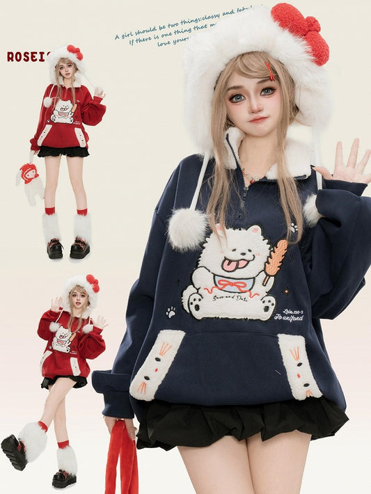 Rot/Blau/Gelb Süßes Plüsch-Sweatshirt mit Welpen-Applikation und Polokragen