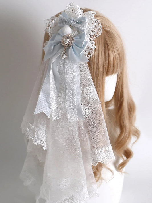 with Lace Bow Veil Soft Clip Blue (Elegant Sweet Jeweled White Attached Hair Style)