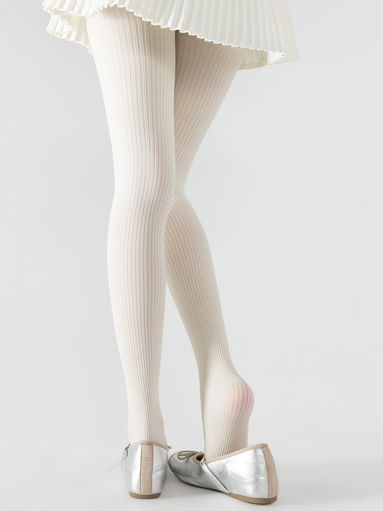 Tights Vertical Creamy Pattern Knitted White/Dark Gray Striped Slimming