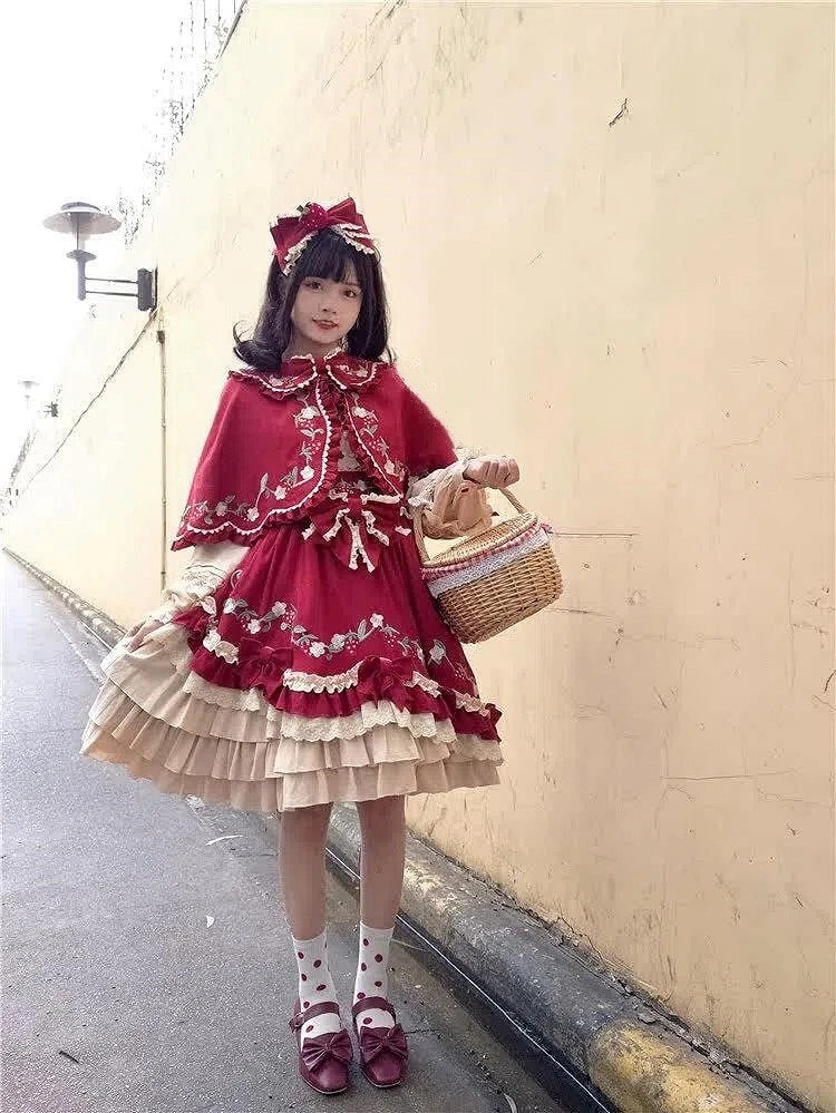 and Wine Lolita Red Overall Tiered Flutter Hem Sweet with Sleeves Skirt