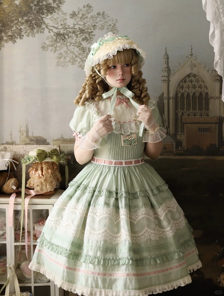 Short Green Puff Sleeve Lace Trim Elegant Lolita Dress - Pumpkin Planet