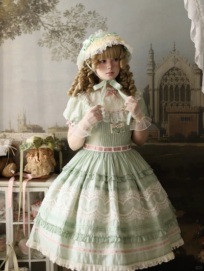 Short Green Puff Sleeve Lace Trim Elegant Lolita Dress - Pumpkin Planet