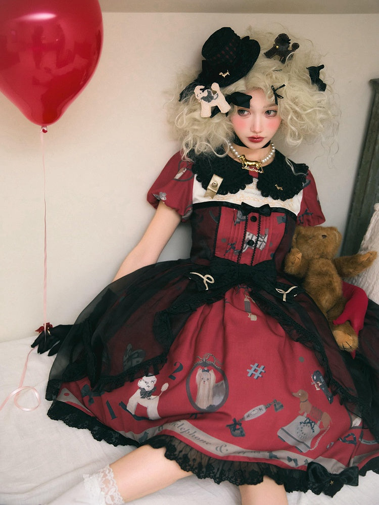 Puppy and Telephone Print Black and Red Peter Pan Collar Sweet Lolita Dress