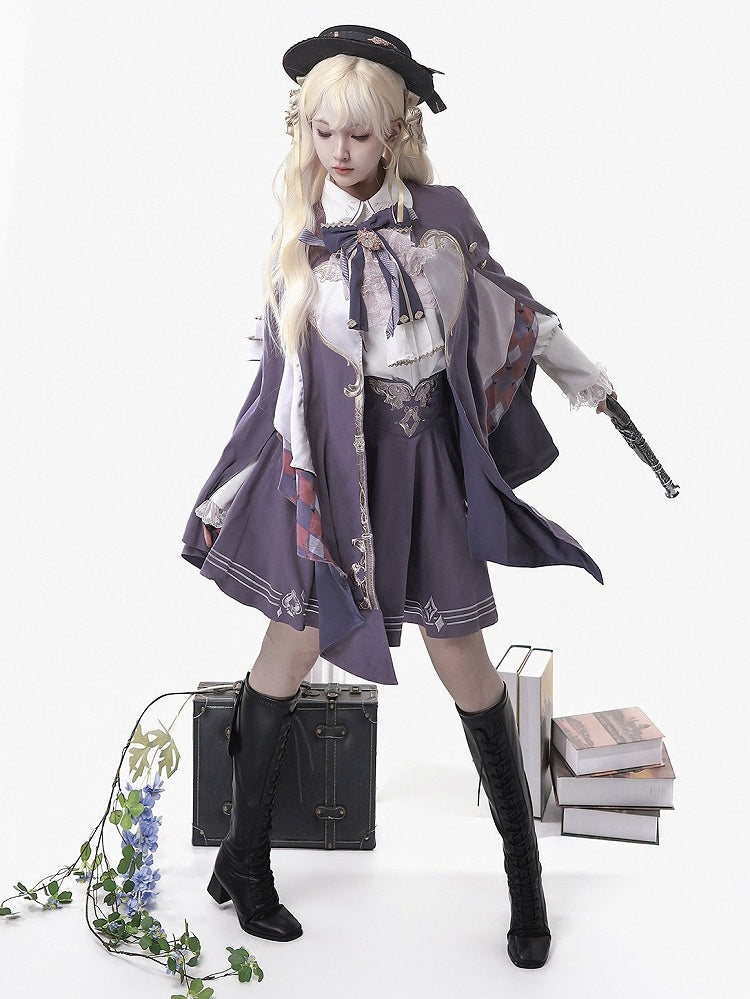 Magic Carnival Purple & White Bow Tie Blouse with Striped Skirt and Cape Set - Xiong Dou Jiang