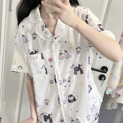 ホワイトレーストリムの漫画風パジャマセット