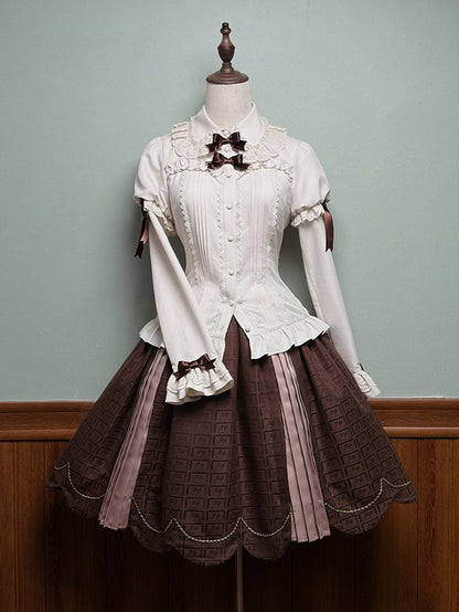 Skirt Sweet Scalloped Chocolate Lolita Brown Pleating Details with Edge Trim
