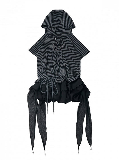 Striped Hooded Tee with Ruffle Hem & Streamers - Black Gray - PINK SAVIOR
