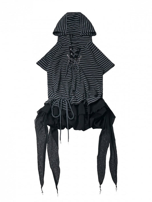 Striped Hooded Tee with Ruffle Hem & Streamers - Black Gray - PINK SAVIOR