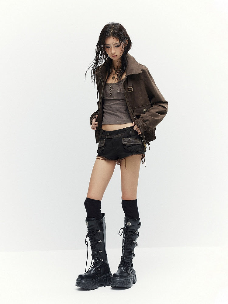 Buckle Vintage Mock Long Accents Brown Neck Sleeve Jacket -