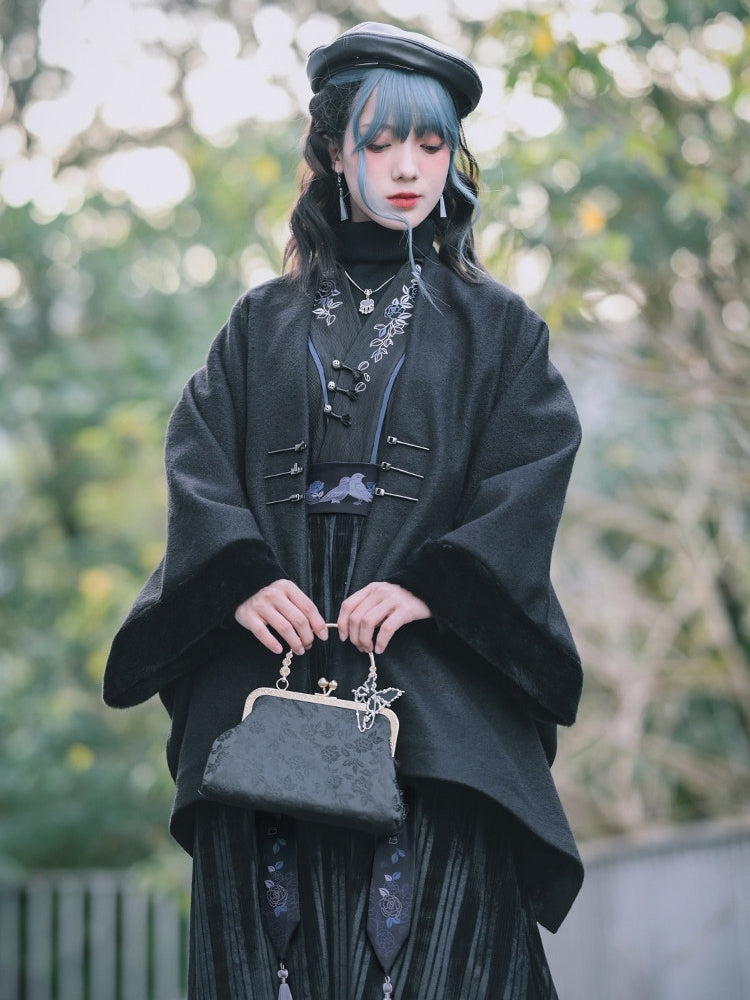 Frog - Cape Black Style Chinese V-Neck Button Closure