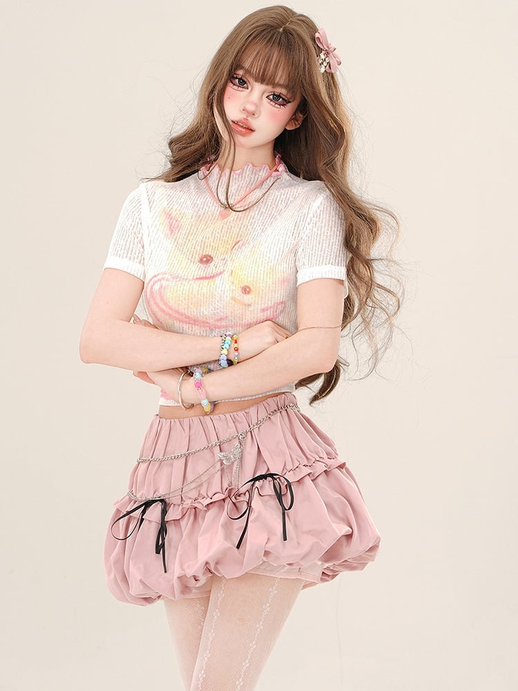 Pink/White Cartoon Kitty Semi-sheer Crop Top