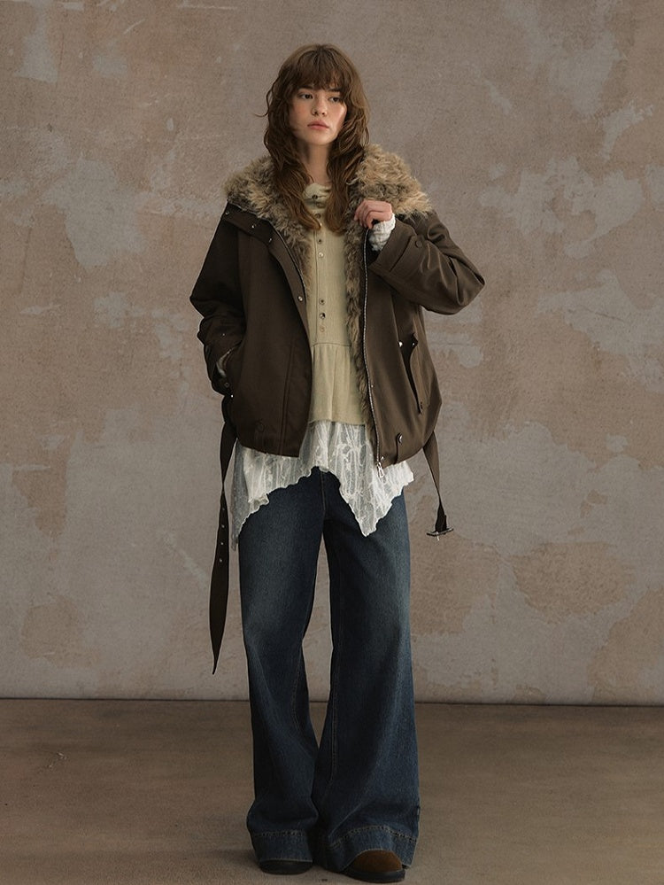 Short Brown/White Jacket Faux Fur Belt Buckle with Collar