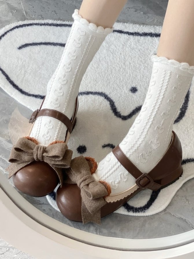 Chocolate Regular/Thicken Scalloped with Version - Sweet Bear-themed Lolita Trim Low/Mid Bow Removable Ornate Heels