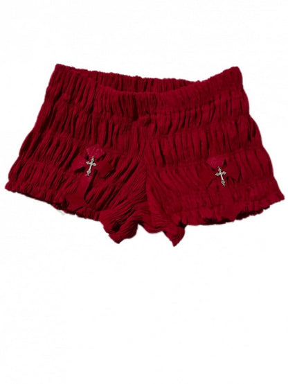 ゴシックレッドクロスローウエストルーシュミニショーツ