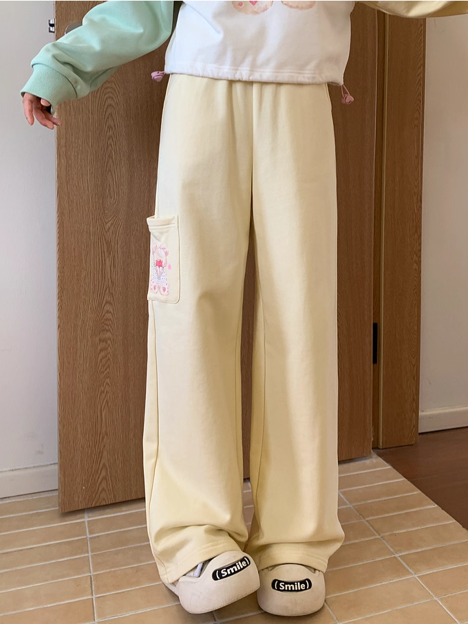 Wide-Leg Casual Pants Regular/Short Version Print Creamy Yellow Elastic Waist Teddy Bear