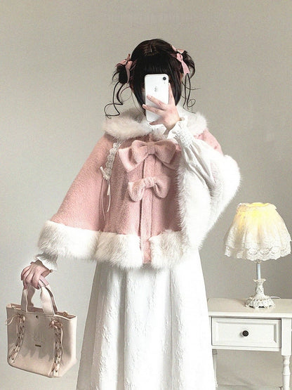 Decor Colors Design Bunny Faux Fur-Trimmed Drawstring Cape Ear with Kei Jirai Bow 3