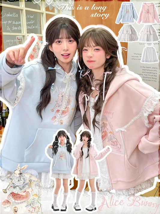 Yume Kawaii Pink Bunny Ear Hood and Bunny Print Zip Closure Hoodie