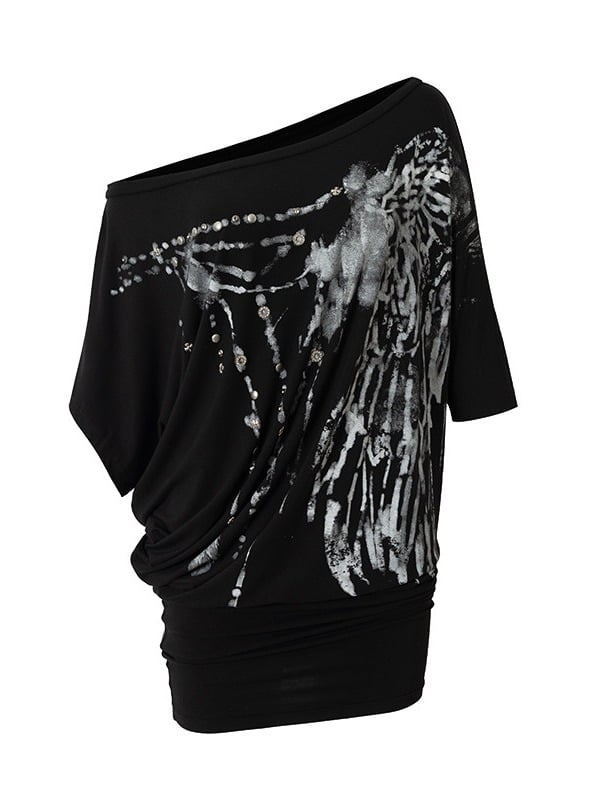 Asymmetrical Batwing Sleeve Black Bodycon Dress with Wing Print - NO ROMANCE